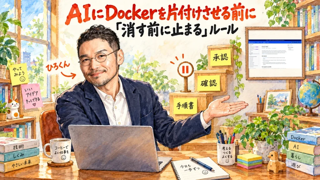 AIにDockerを片付けさせる前に。消す前に止まるルール。手順書・確認・承認の階段を紹介するひろくんの水彩イラスト