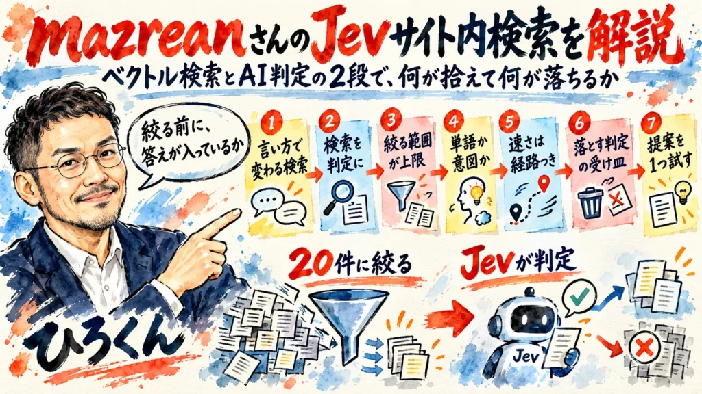 Jevで作るサイト内検索の全体図。ベクトル検索で絞り、Jevが判定する2段の作りを示した水彩イラスト