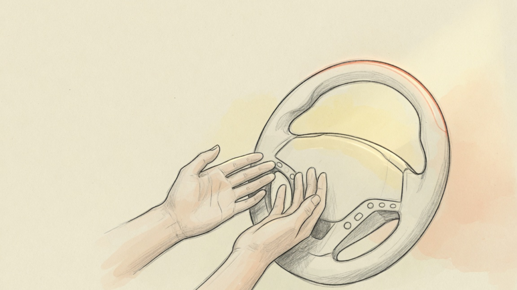 開いた両手が軽くハンドルに触れているイラスト。結果を強く握りしめない姿勢を象徴する記事のアイキャッチ