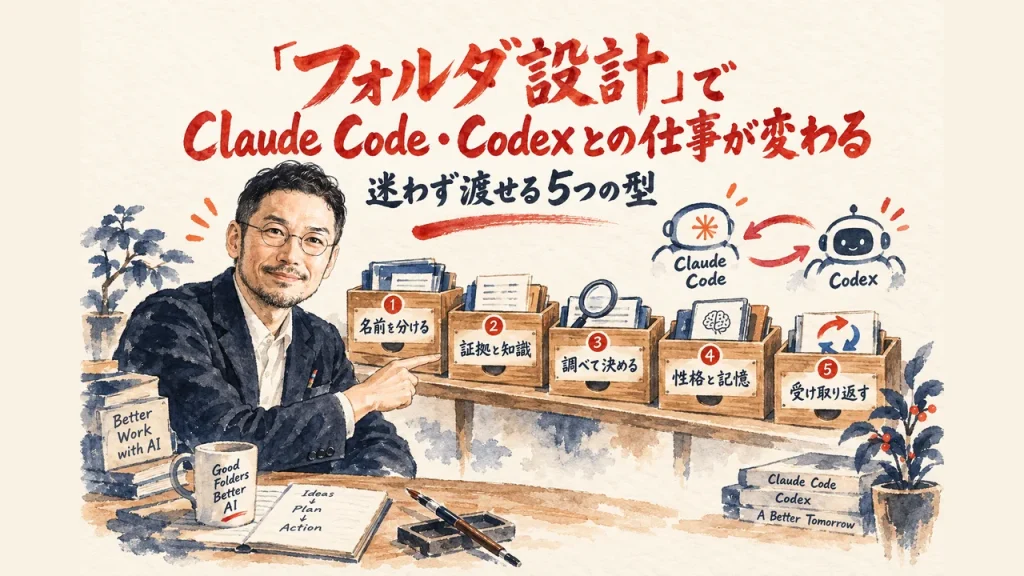 「フォルダ設計」でClaude Code・Codexとの仕事が変わるを解説するひろくんと5つのフォルダの型