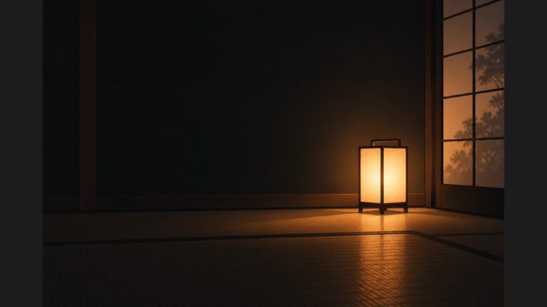 夜の部屋で一つだけ灯る和紙の行灯。既にある幸せにピントを合わせるイメージ