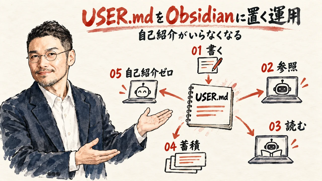 USER.mdをObsidianに置いてAIツール間で共有する運用の図解