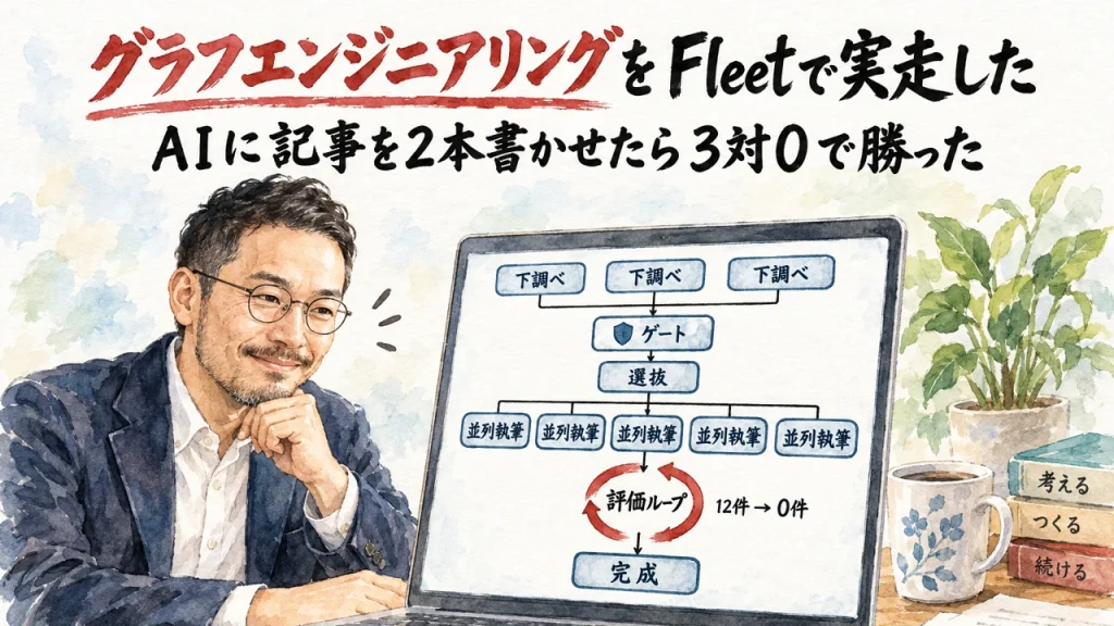 ノートPCにFleetの12ノードのグラフが映り、ひろくんがそれを見ている水彩イラスト。評価ループで12件が0件に