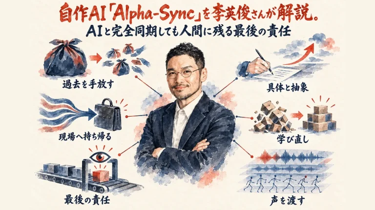 自作AI「Alpha-Sync」を李英俊さんが解説する記事のアイキャッチ、ひろくんと6つの要点の図解