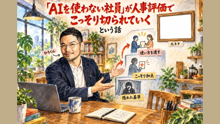 「AIを使わない社員」が人事評価でこっそり切られていく、という話のアイキャッチ画像。ひろくんが評価基準が『隠れた基準→こっそり加点→使い方を渡す』と変わる階段の図を紹介している