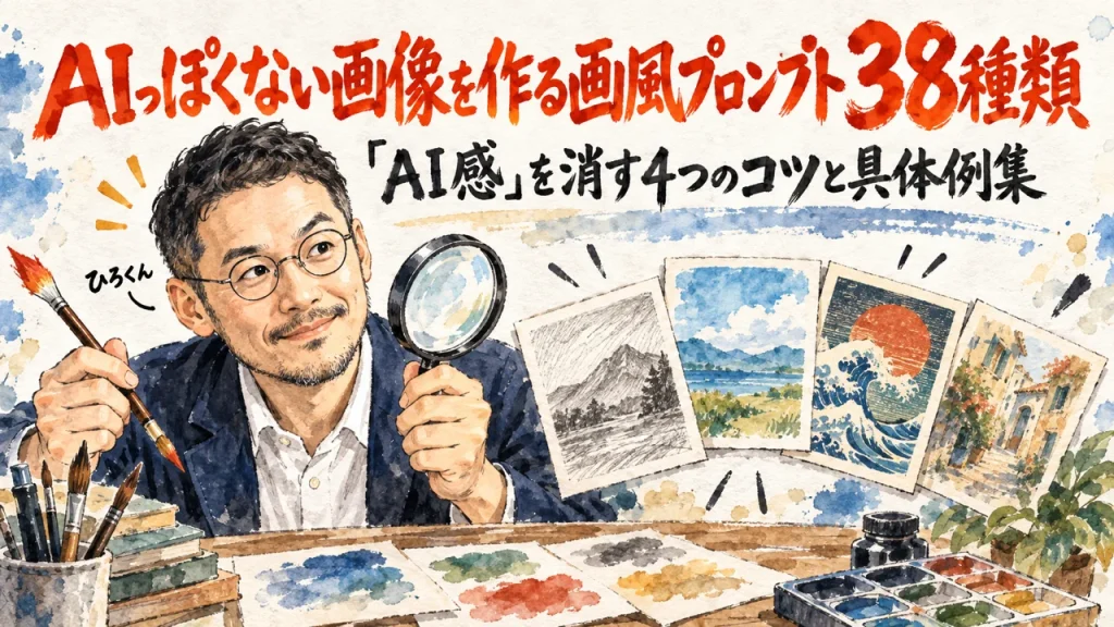 虫眼鏡と絵筆を持ったひろくんが、水彩の画風見本カードを見比べているアイキャッチ画像