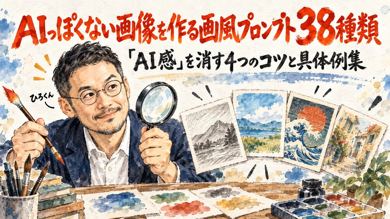AIっぽさを消す画風プロンプト38種類を並べた見出し画像の実験図解
