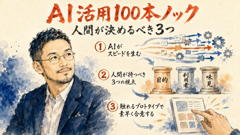DeNAのAI活用100本ノックから人間が握るべき目的・利用者・味見の3つを描くアイキャッチ