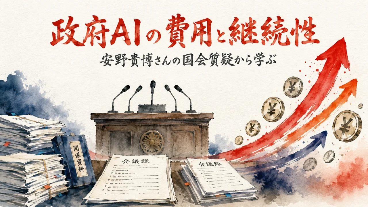 行政AI「源内」の費用と継続性をめぐる国会質疑を解説する記事のアイキャッチ