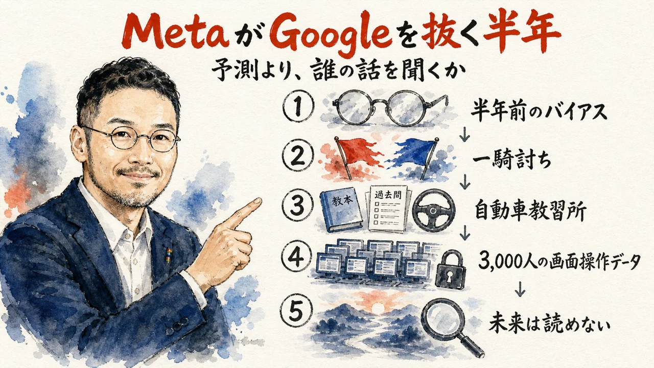 MetaとGoogleの逆転予測と強化学習の仕組みを解説する記事のアイキャッチ