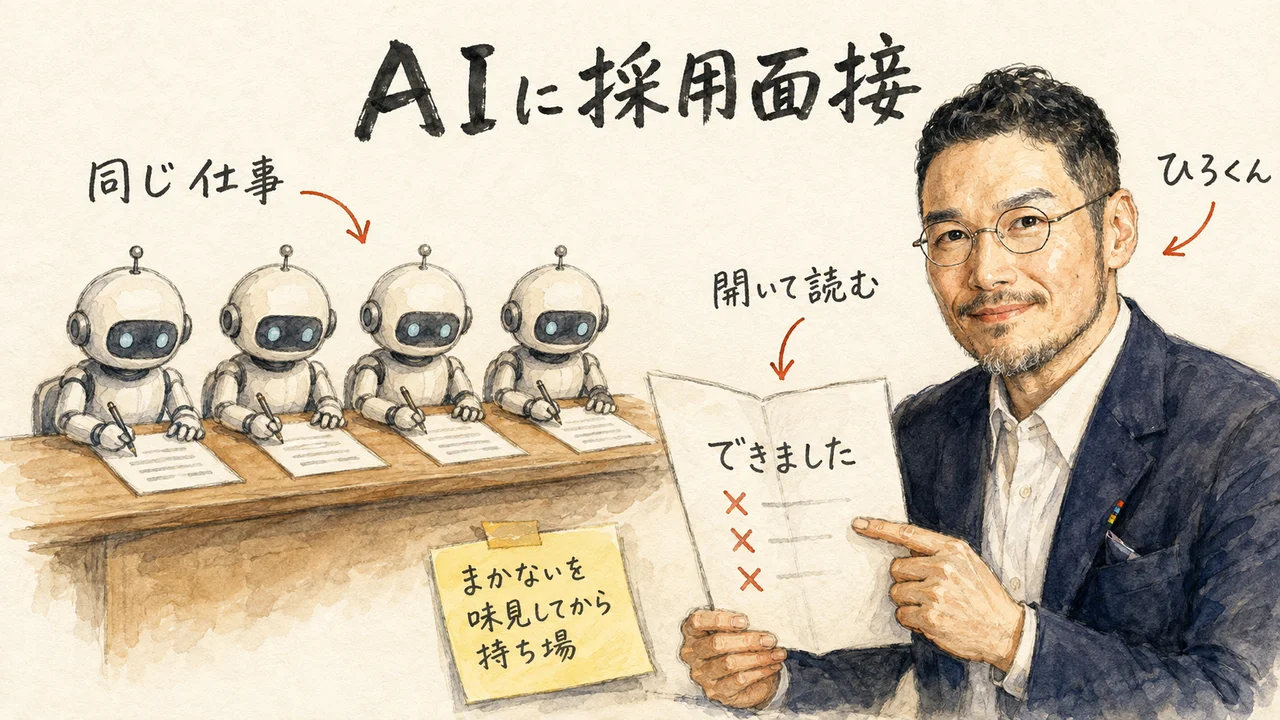 4体のAIに同じ課題を出して採用面接する運用を解説する記事の図解