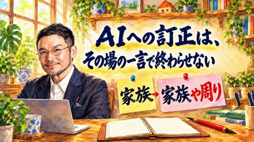 水彩の作業部屋で、ひろくんと題字「AIへの訂正は、その場の一言で終わらせない」。付箋の「家族」から「家族や周り」へ朱の矢印で訂正を示し、開いたノートに言葉を残す図。