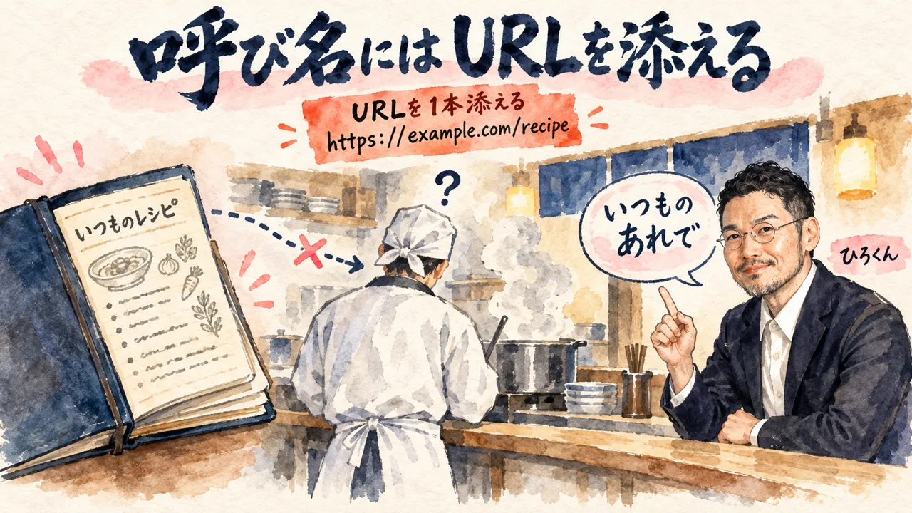 呼び名にはURLを添えることを料理の注文にたとえた図解