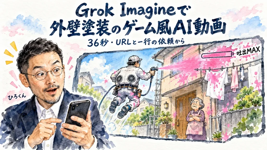 Grok Imagineで外壁塗装のゲーム風AI動画を作った記事のアイキャッチ