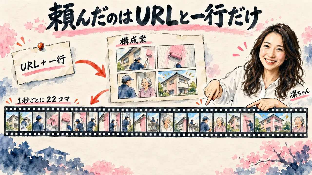 URLと一行の依頼から構成案と22コマの表ができた流れの図解