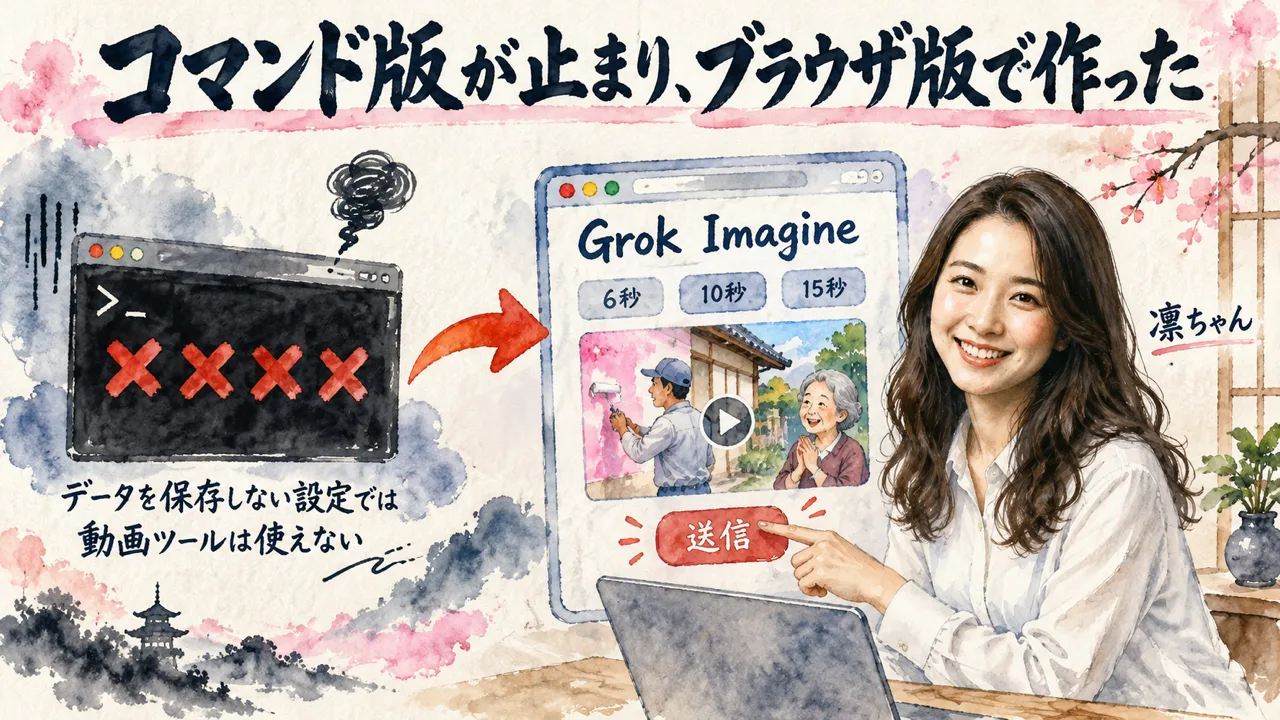 Grokのコマンド版が止まりブラウザ版のGrok Imagineで作った流れの図解