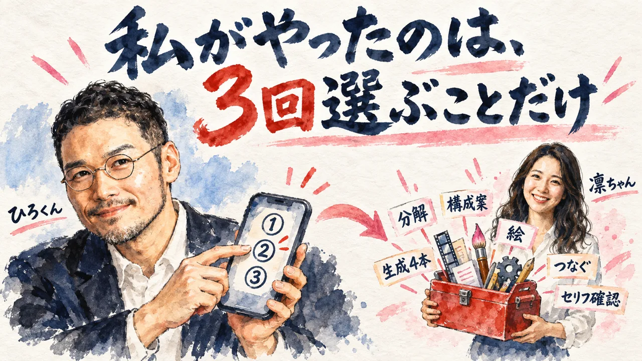 ひろくんが3回選び、制作はAI秘書の凛ちゃんが担当したことを示す図解