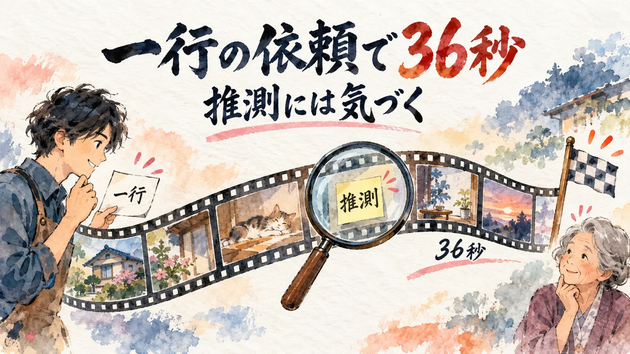 一行の依頼で36秒の動画ができたが推測に気づく必要があることを示す図解