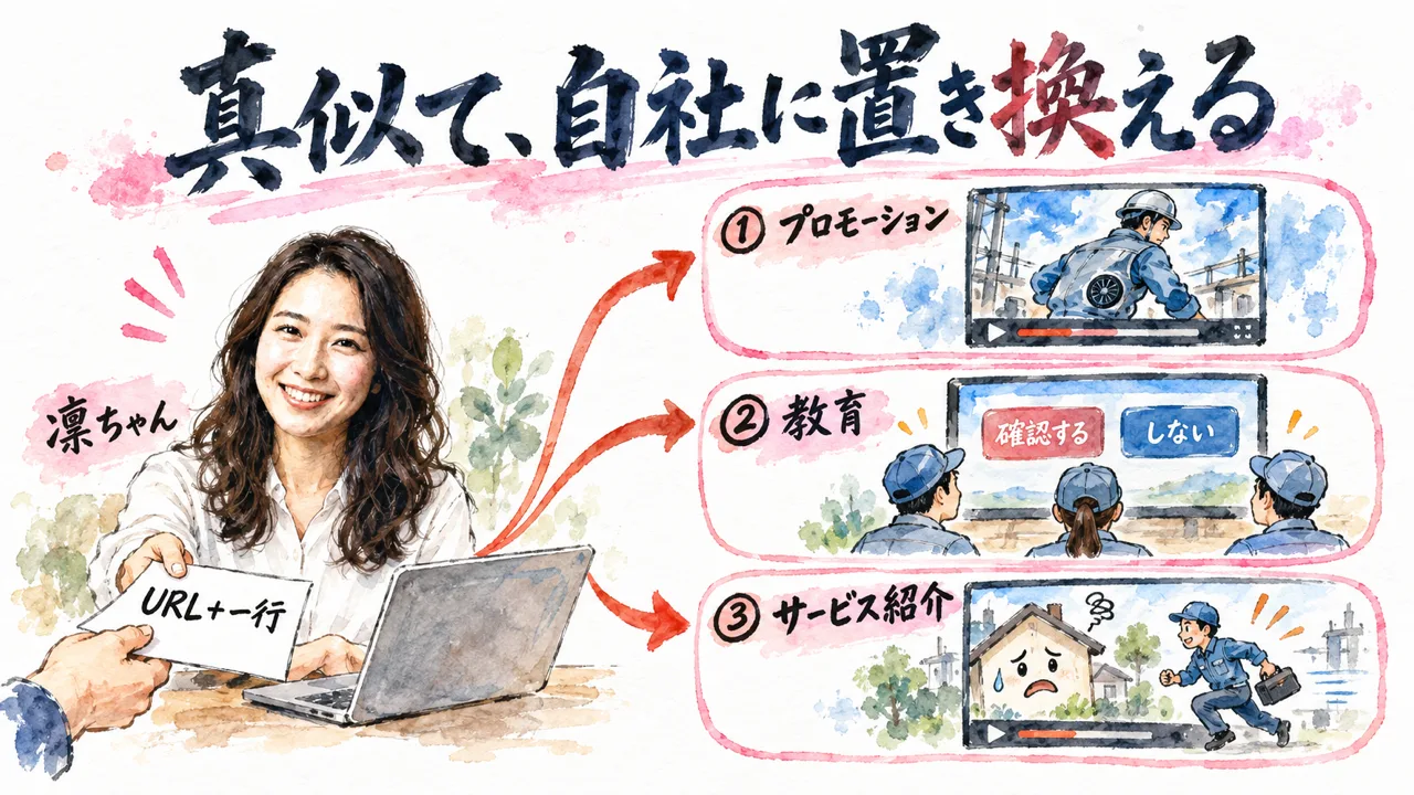ゲーム風AI動画を真似て自社のプロモーション・教育・サービス紹介に置き換える使い方の図解