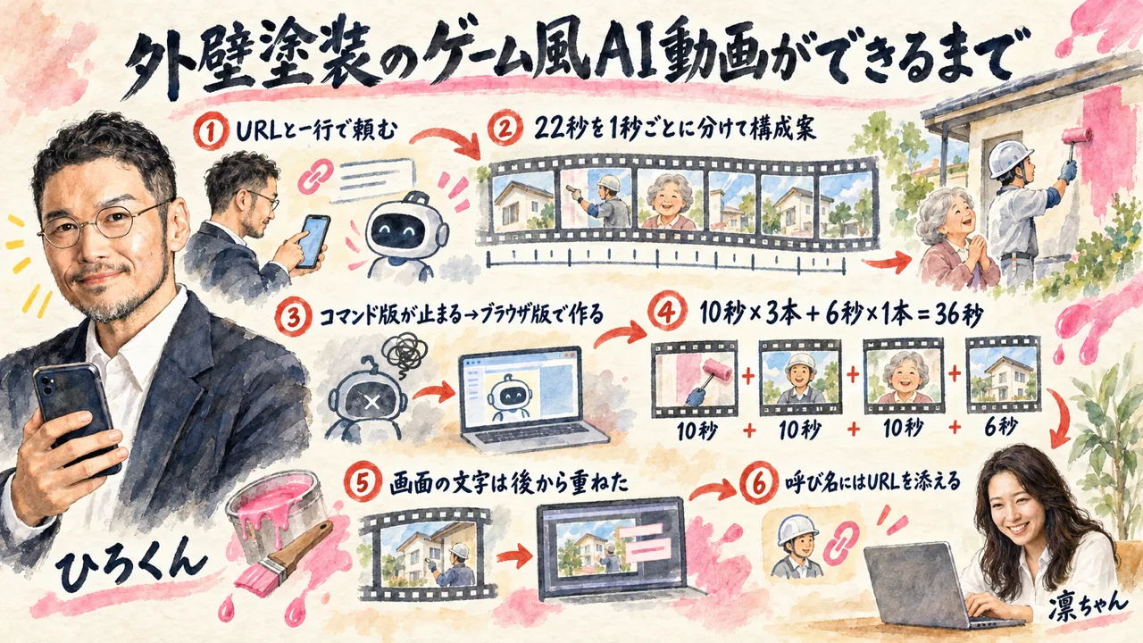 外壁塗装のゲーム風AI動画ができるまでの流れを6つの手順で描いた図解