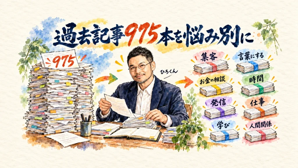 過去記事975本を悩み別に並べ直す全体のアイキャッチ図解