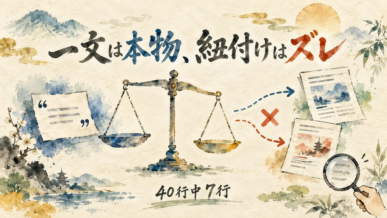引用の一文は本物でも記事の紐付けがズレていたことの図解