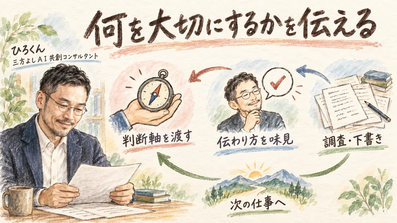ひろくんが下書きの伝わり方を味見し、判断軸を次の仕事へ渡す図