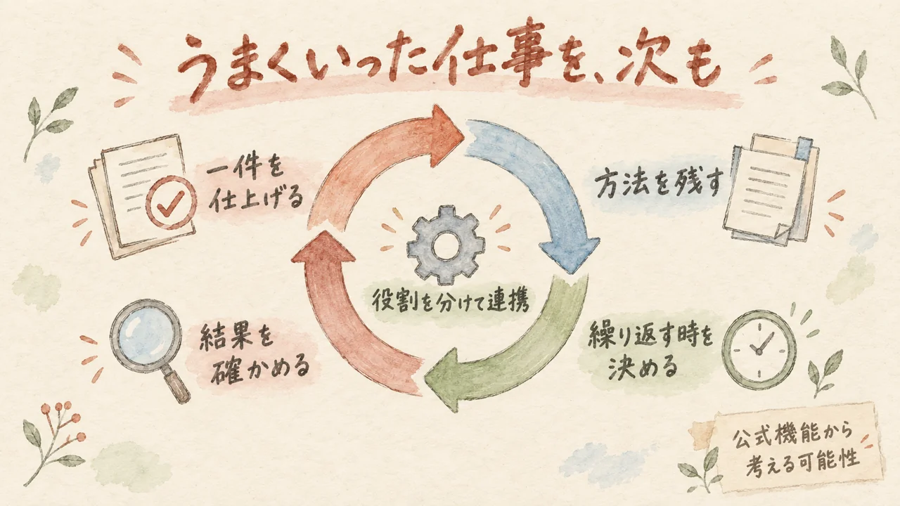 一件を仕上げ、方法を残し、繰り返すタイミングを決めて結果を確かめる図