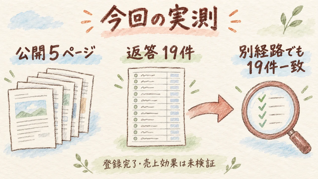 実測した公開５ページ・返答１９件を別経路で照合し一致。登録完了や売上効果は未検証