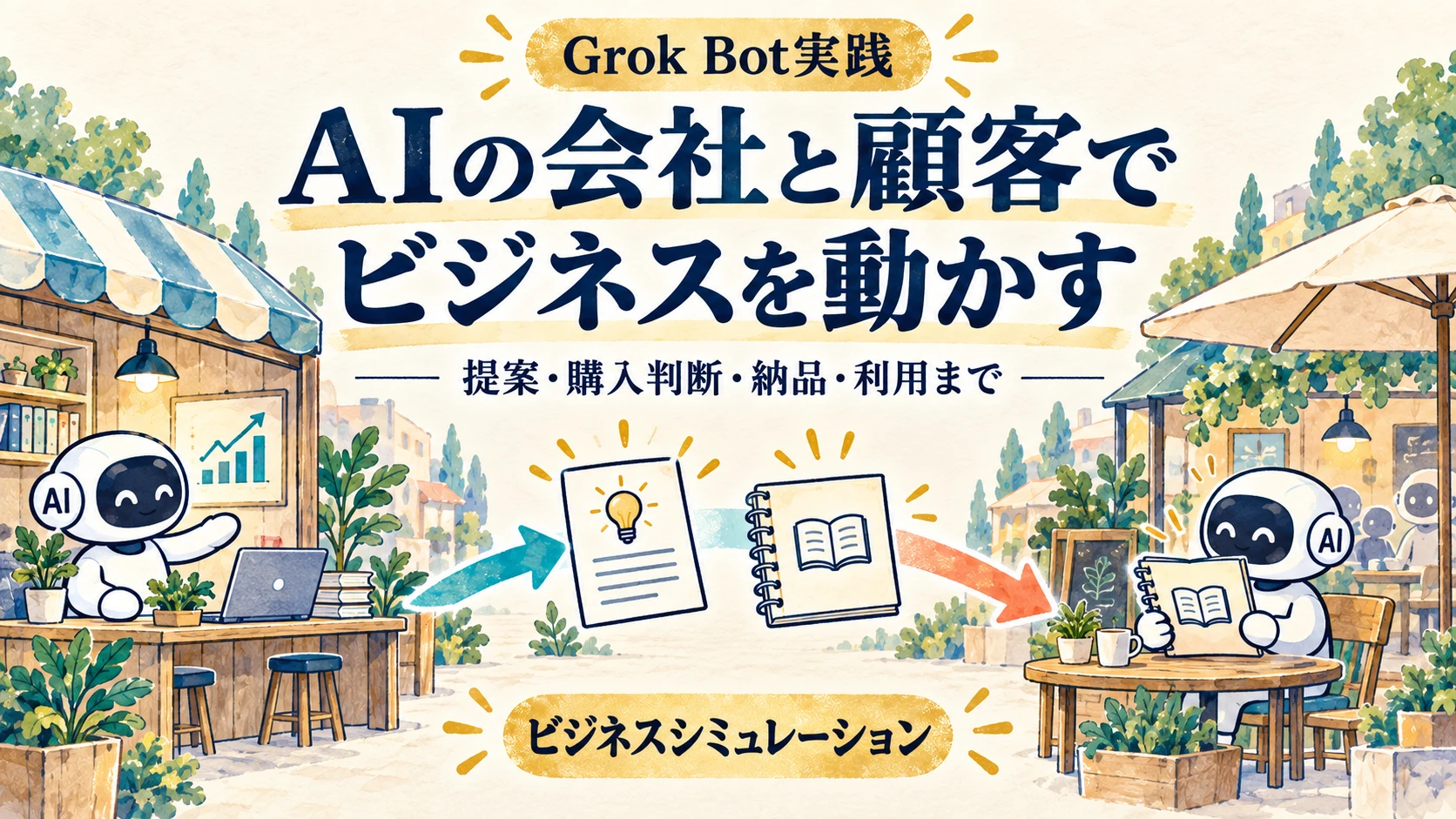 Grok Botで会社役と顧客役のAIを動かすビジネスシミュレーションの図解