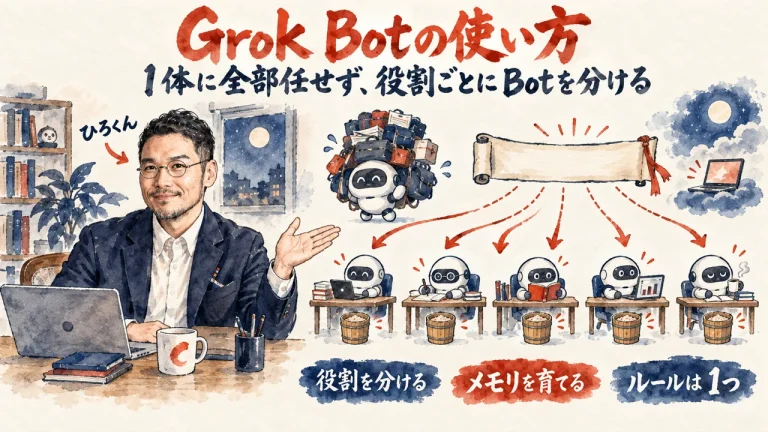 Grok Botの使い方 全体図：1体の荷物を5体の持ち場に分け、ルールは1つ、メモリはBotごとに育てる