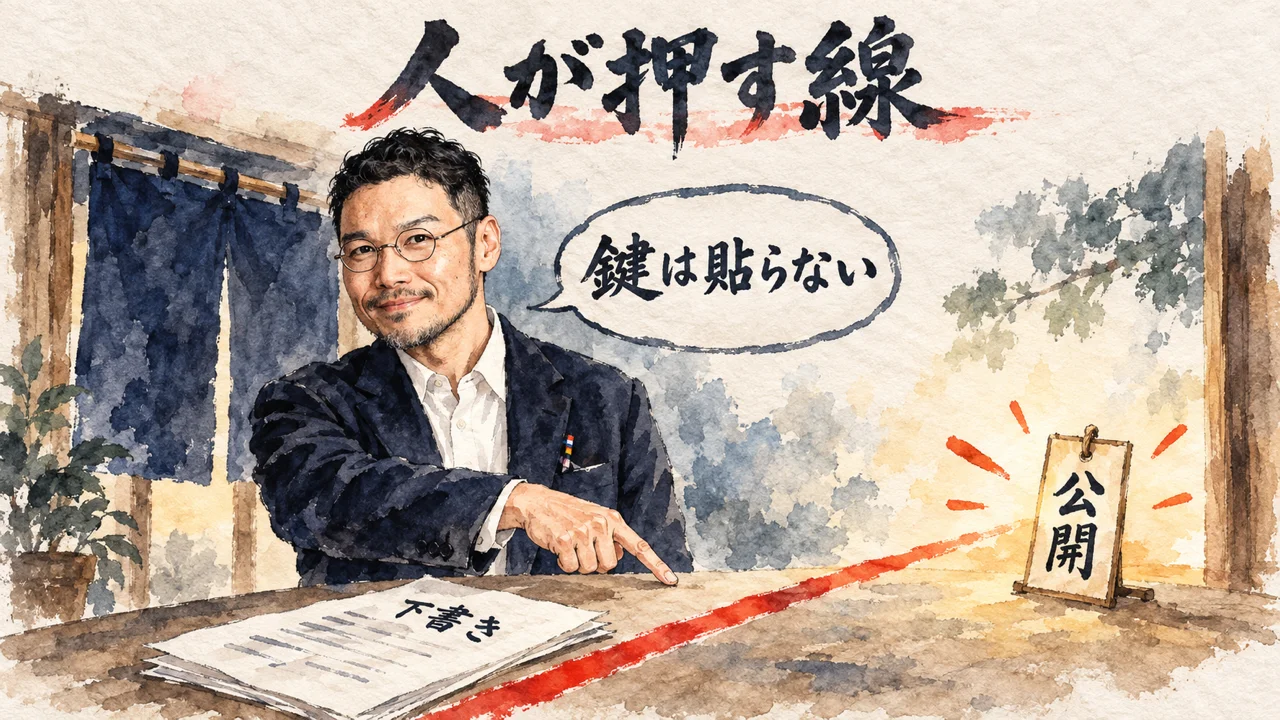ひろくんが下書きと公開のあいだの朱色の線を指している。吹き出しは鍵は貼らない