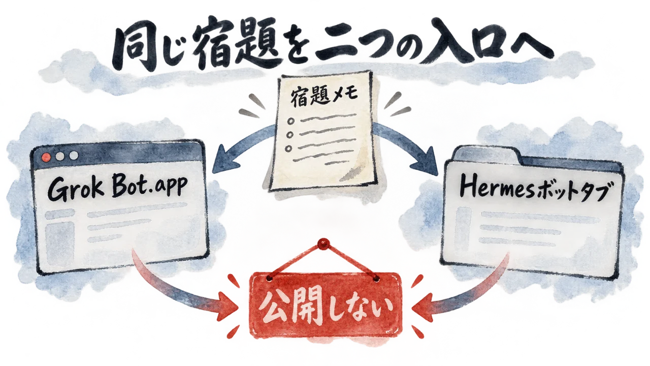 同じ宿題をGrok Bot.appとHermesボットタブの二つの入口へ出し、公開しない札が下がっている図解