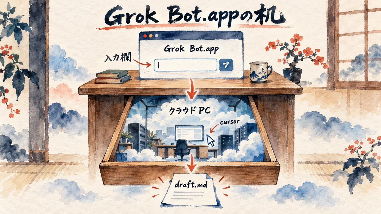 Grok Bot.appの机の奥にクラウドPCの部屋があり、draft.mdが残る図解