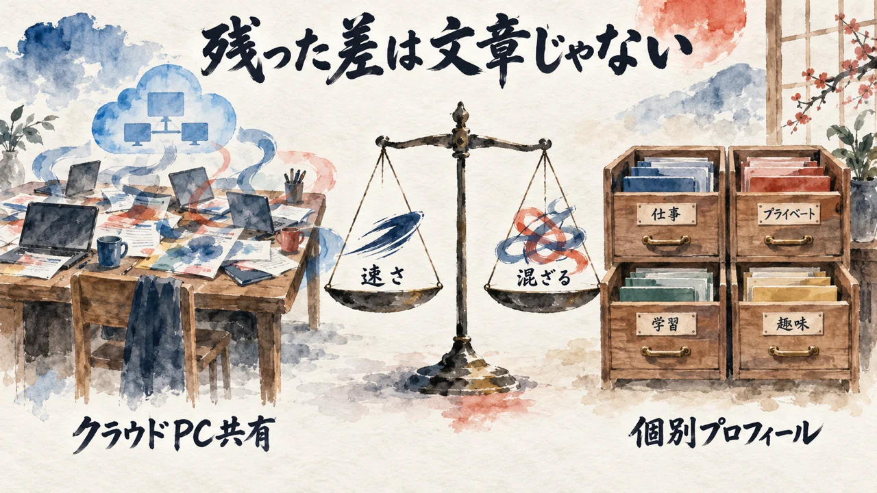 クラウドPCを共有する大きな机と、仕事・学習などに分けた引き出しの対比図解