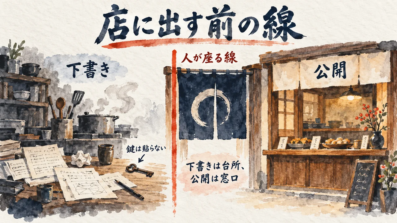 下書きの台所と公開の窓口のあいだに、人が座る朱色の線がある図解