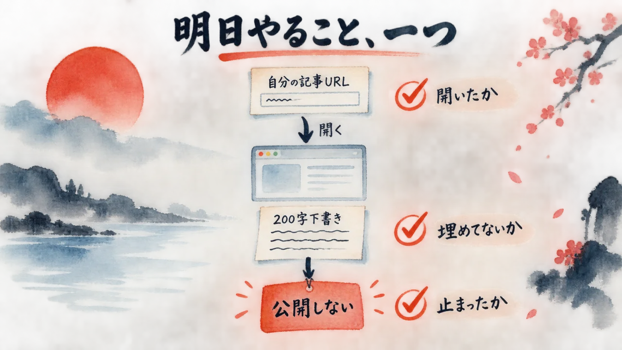 記事URLを開き200字下書きを作り、公開しないで止まる三つのチェックの図解