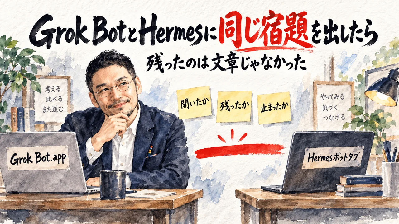 Grok Bot.appとHermesボットタブの机の違いを並べた比較図解