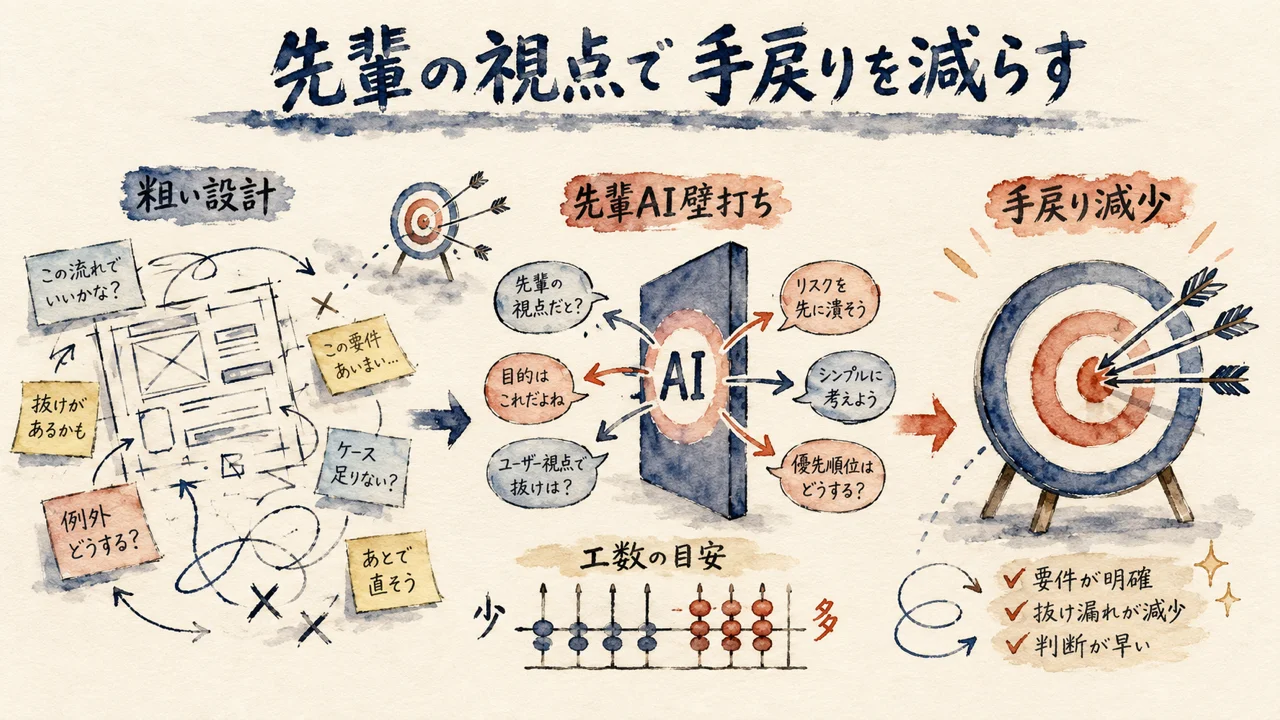 先輩の考え方を映したAIとの壁打ちで、遠かった的が近づく図解