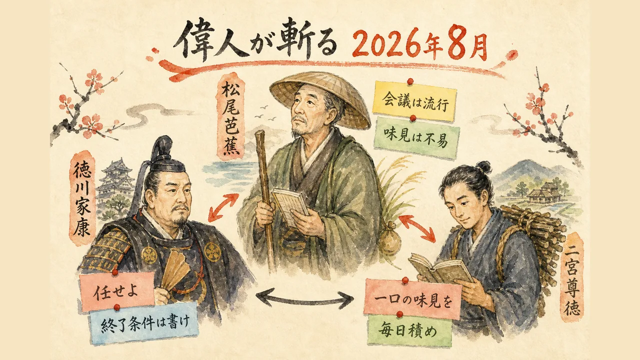 偉人が斬る2026年8月 松尾芭蕉 徳川家康 二宮尊徳 グラフィックレコーディング図解