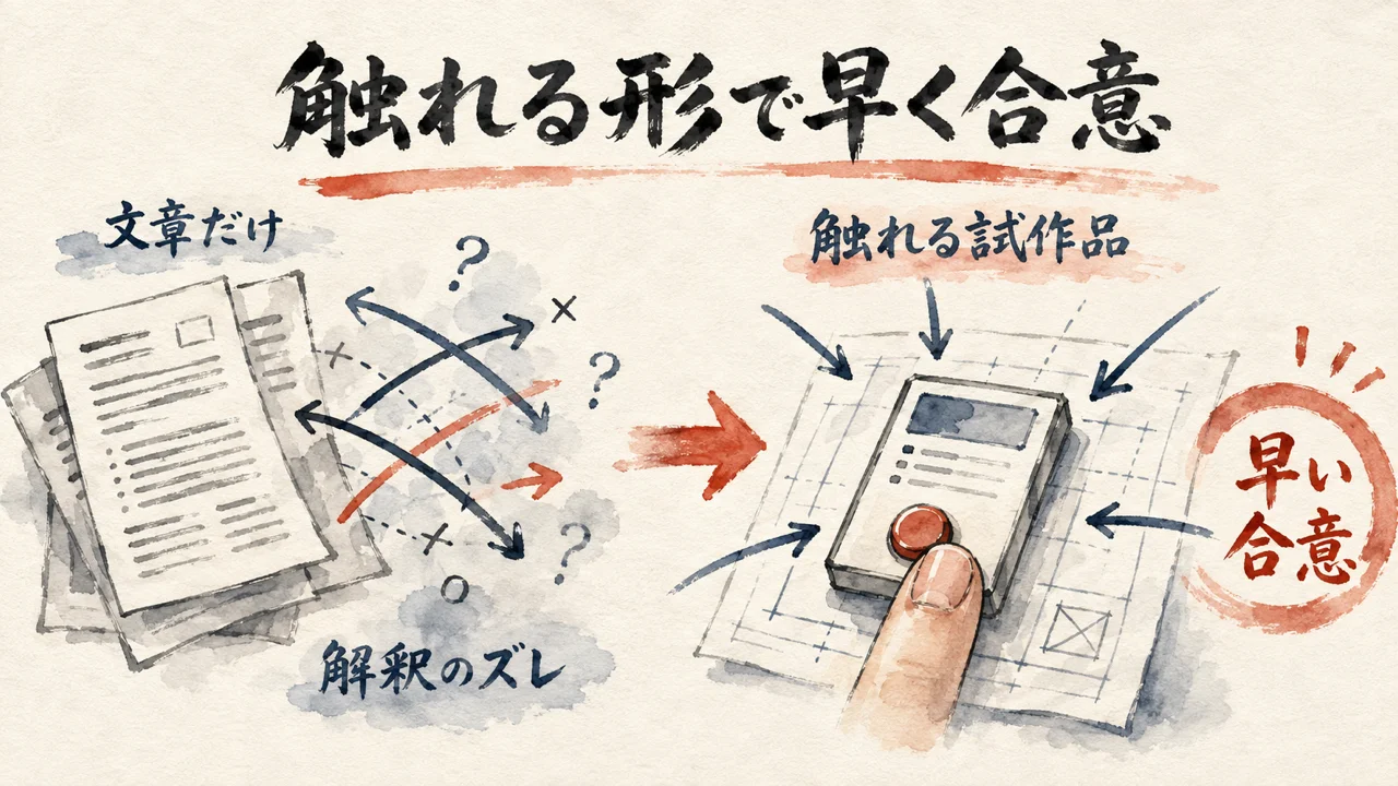 文章だけのズレた矢印が、触れる試作品で重なり合意に至る図解