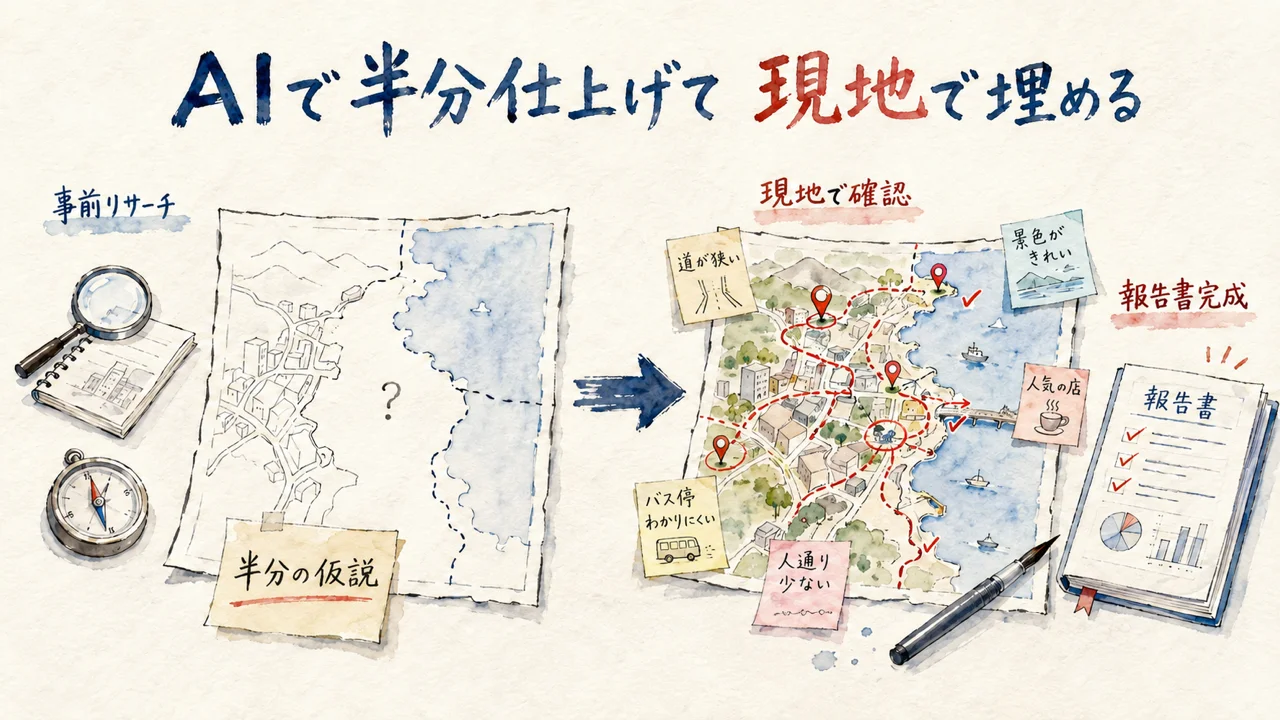 半分だけ描かれた地図が、現地の書き込みで完成する海外リサーチの図解