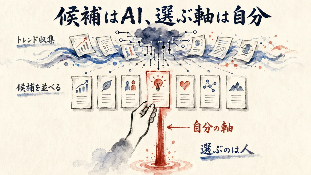 AIが並べた候補の札から、自分の軸で1枚を選び取る手の図解