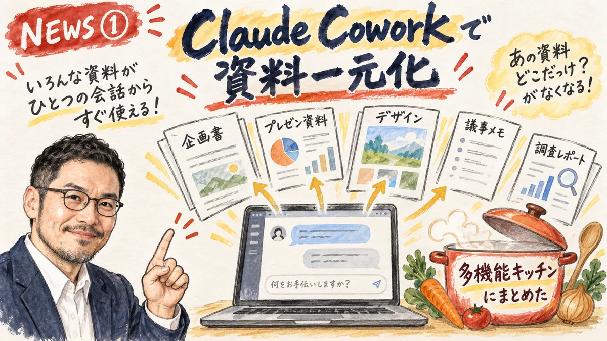 Claude Coworkの統合でひろくんが資料一元化を説明するグラフィックレコーディング風イラスト