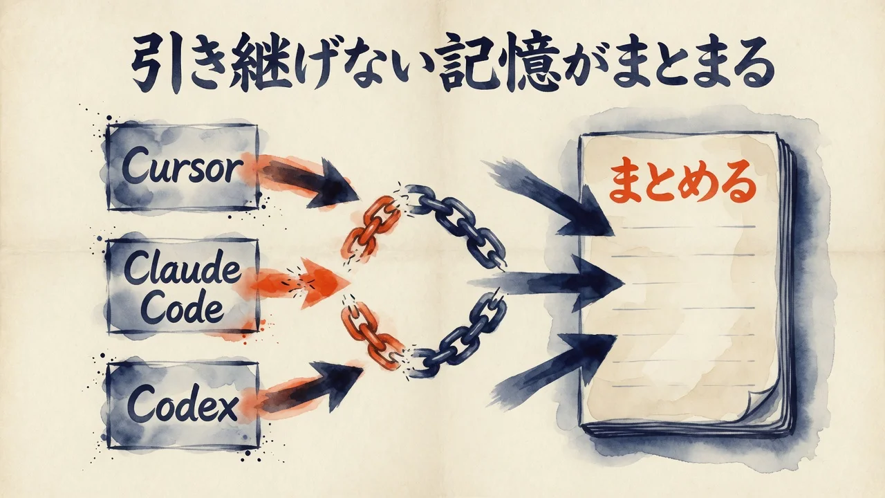 Cursor・Claude Code・Codexの引き継げない記憶がBasic Memoryで1つにまとまることを示した対比の水彩図解