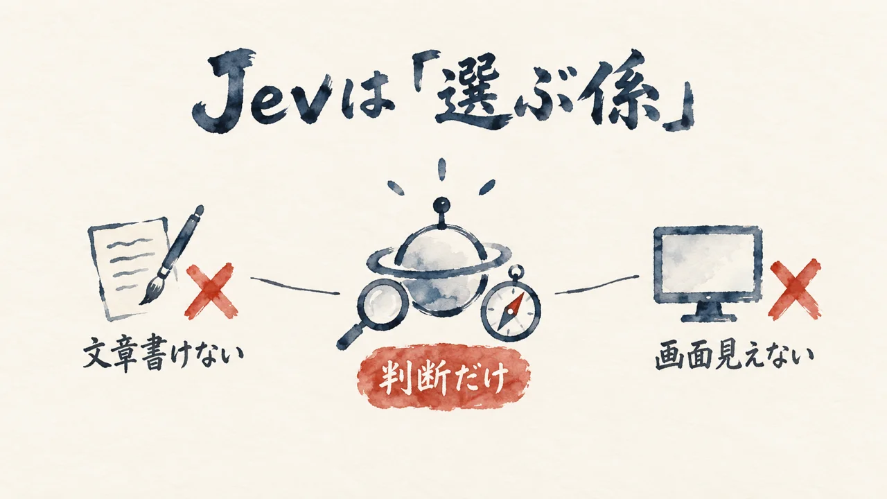 Jevは文章も画面も持たず判断だけに徹することを示す分解図解