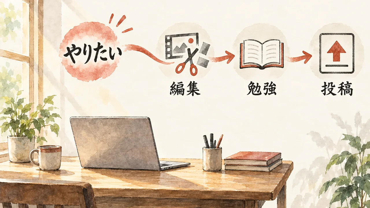 やりたいが先、学びが後から自然に生まれる朝の場面の図解