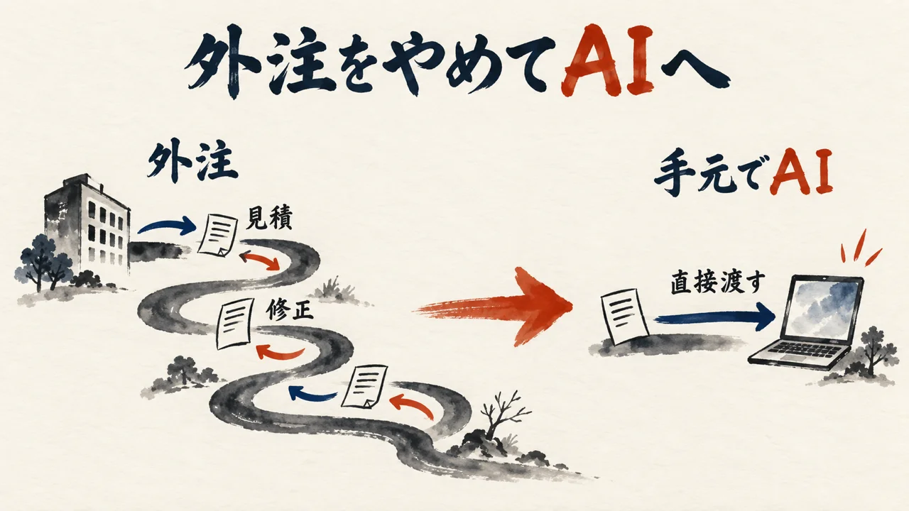 外注の往復から手元のAIへ直接渡す前後の図解