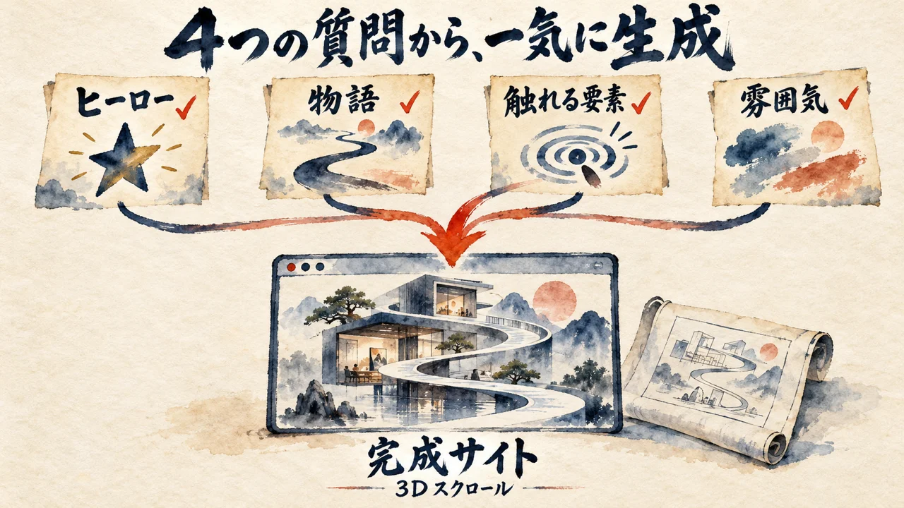 4つの質問で3Dスクロールサイトを一発生成する設計図の見出し画像