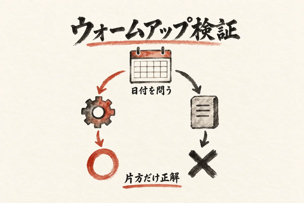 ウォームアップ検証で日付の正誤が分かれた図解